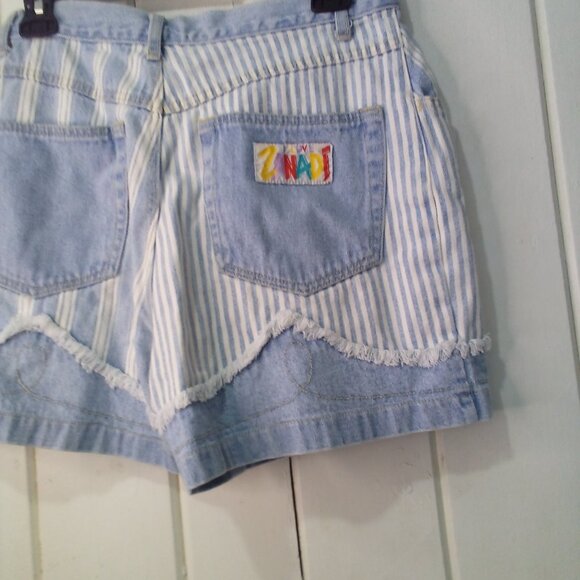 Zanadi Shorts Women 11 12 Denim Vintage High Rise Stripe Spellout Pocket Blue - Picture 15 of 16